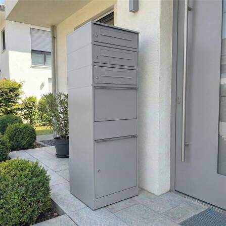 Metzler Paketbox mit 3 Briefkästen | dreifacher Briefeinwurf | für Pakete bis zur Größe M | rostfrei | Grau | Bispo