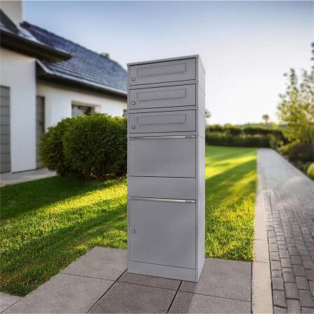 Metzler Paketbox mit 3 Briefkästen | dreifacher Briefeinwurf | für Pakete bis zur Größe M | rostfrei | Grau | Bispo