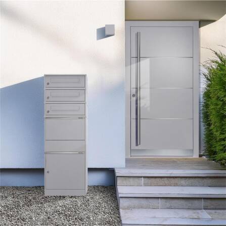 Metzler Paketbox mit 3 Briefkästen | dreifacher Briefeinwurf | für Pakete bis zur Größe M | rostfrei | Grau | Bispo