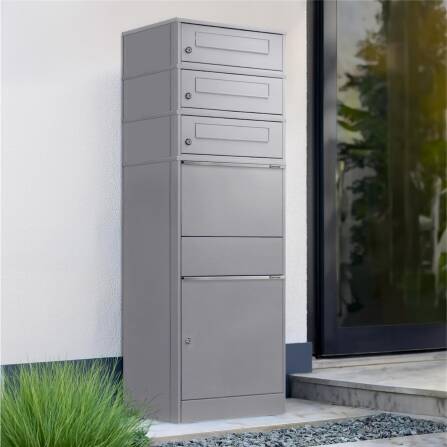 Metzler Paketbox mit 3 Briefkästen | dreifacher Briefeinwurf | für Pakete bis zur Größe M | rostfrei | Grau | Bispo