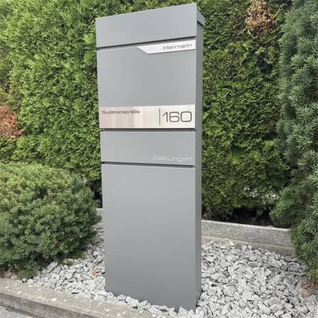 Metzler Standbriefkasten mit Zeitungsfach aus hochwertigem Stahl | Grau | Alves