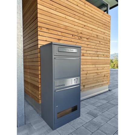 Metzler Boîte à colis et aux lettres | avec vitre | personnalisée avec gravure | Plaque de nom en acier inoxydable | Anthracite RAL 7016  | Bispo 3