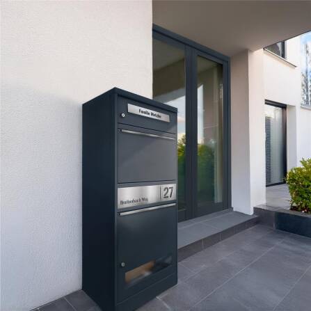 Metzler Paketbox mit Briefkasten | mit Sichtfenster | personalisiert mit Gravur | Edelstahl-Namensschild | Bispo 3