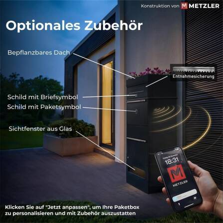 Metzler Paketbox mit Briefkasten | LED |  für Pakete bis zur Größe M | Bispo