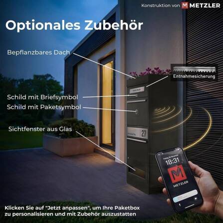 Metzler Paketbox mit Briefkasten | LED | Eisenglimmer | personalisiert mit Gravur | Bispo 2