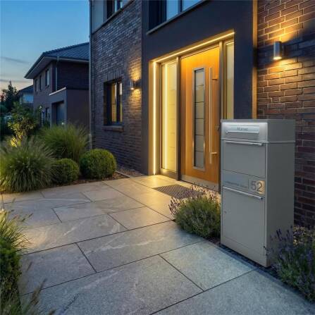 Metzler Paketbox mit Briefkasten | LED | Graualuminium | personalisiert mit Gravur | Bispo 2