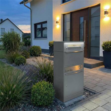 Metzler Paketbox mit Briefkasten | LED | Graualuminium | personalisiert mit Gravur | Bispo 2