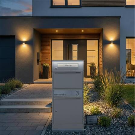 Metzler Paketbox mit Briefkasten | LED | Graualuminium | personalisiert mit Gravur | Bispo 2