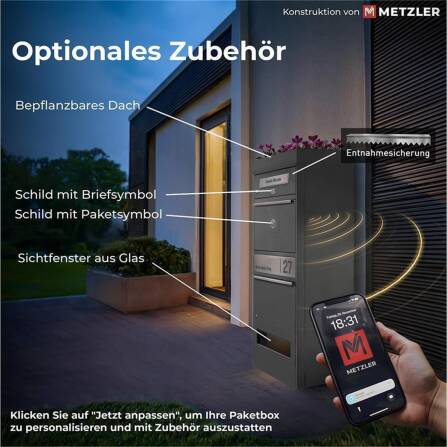 Metzler Paketbox mit Briefkasten | LED | Graualuminium | personalisiert mit Gravur | Bispo 2
