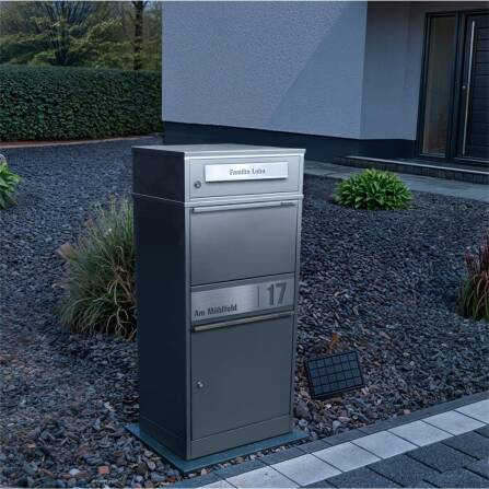 Metzler Paketbox mit Briefkasten | LED | Graualuminium | personalisiert mit Gravur | Bispo 2