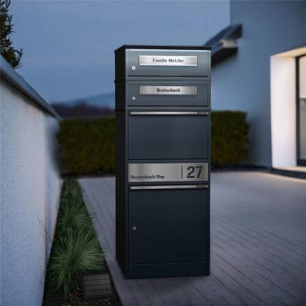Metzler Boîte à colis avec 2 compartiments pour lettres | LED | Anthracite gris | personnalisée avec gravure | Plaque de nom en acier | Fente à lettres | Bispo 2