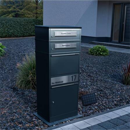 Metzler Boîte à colis avec 2 compartiments pour lettres | LED | Anthracite gris | personnalisée avec gravure | Plaque de nom en acier | Fente à lettres | Bispo 2