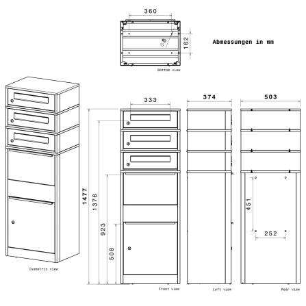 Metzler Paketbox mit 3 Briefkästen | LED | Anthrazit | personalisiert mit Gravur | Bispo 2