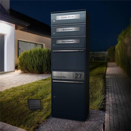 Metzler Paketbox mit 3 Briefkästen | LED | Anthrazit | personalisiert mit Gravur | Bispo 2