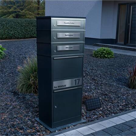 Metzler Paketbox mit 3 Briefkästen | LED | Anthrazit | personalisiert mit Gravur | Bispo 2
