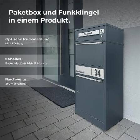Metzler Funk-Paketbox mit Klingel & Briefkasten |  personalisiert mit Gravur | Edelstahl-Namensschild | Bispo Funk
