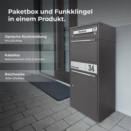 Metzler Funk-Paketbox mit Klingel & Briefkasten |  personalisiert mit Gravur | Edelstahl-Namensschild | Eisenglimmer | Bispo Funk