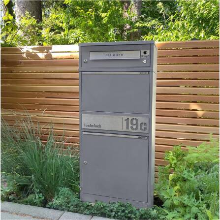 Metzler Boîte à colis avec sonnette sans fil et compartiment pour lettres | personnalisée avec gravure | Gris | Bispo sans fil