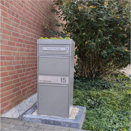 Metzler Boîte à colis avec sonnette sans fil et compartiment pour lettres | personnalisée avec gravure | Gris | Bispo sans fil