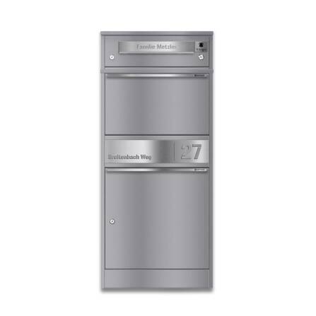 Metzler Boîte à colis avec sonnette sans fil et compartiment pour lettres | personnalisée avec gravure | Gris | Bispo sans fil