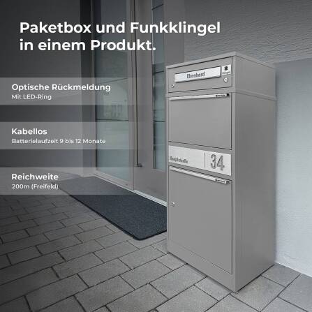 Metzler Boîte à colis avec sonnette sans fil et compartiment pour lettres | personnalisée avec gravure | Gris | Bispo sans fil