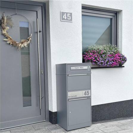 Metzler Boîte à colis avec sonnette sans fil et compartiment pour lettres | personnalisée avec gravure | Gris | Bispo sans fil