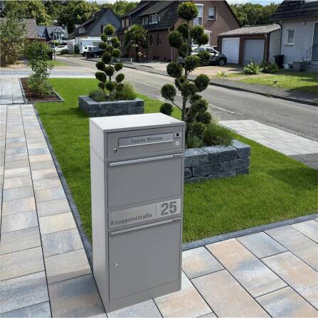 Metzler Boîte à colis avec sonnette sans fil et compartiment pour lettres | personnalisée avec gravure | Gris | Bispo sans fil