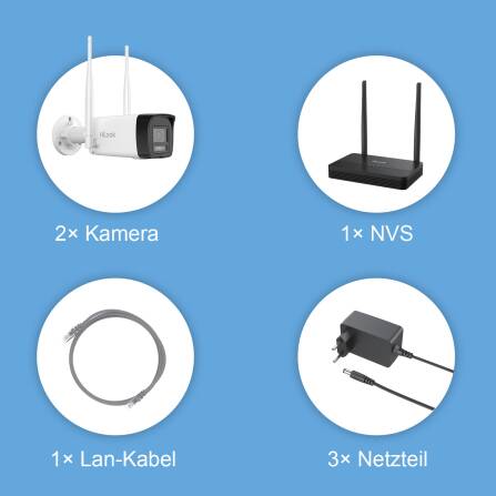 HiLook EasyLink WLAN Kit | 2x 4 MP Bullet Überwachungskameras | WiFi NVS | Komplettset | Menschen- & Fahrzeugerkennung | Farbnachtsicht | 2-Wege-Audio | 24/7 Aufzeichnung | IKS-2044BH-PH/W