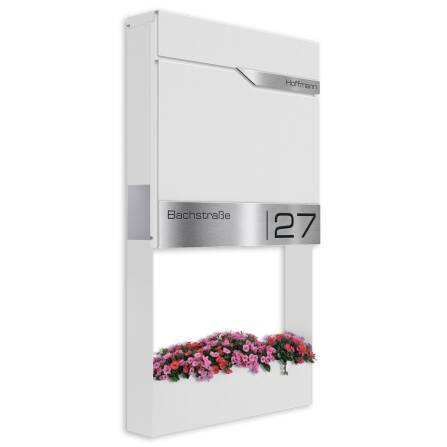 Metzler Briefkasten mit Blumenkasten | personalisiert mit Gravur | Weiß | Siebert Frame J
