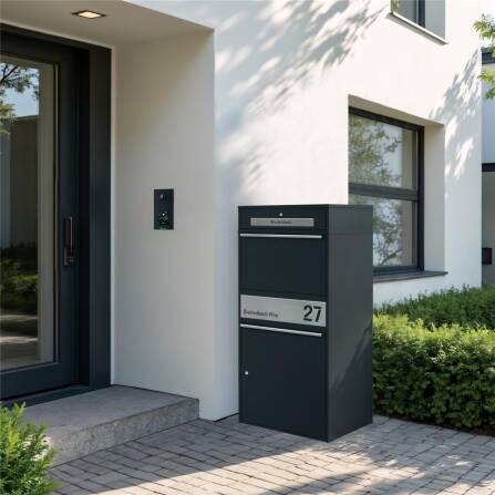 Metzler Boîte à colis XL avec compartiment pour lettres | Inoxydable | personnalisée avec gravure | RAL 7016 Anthracite | Bispo Max 2