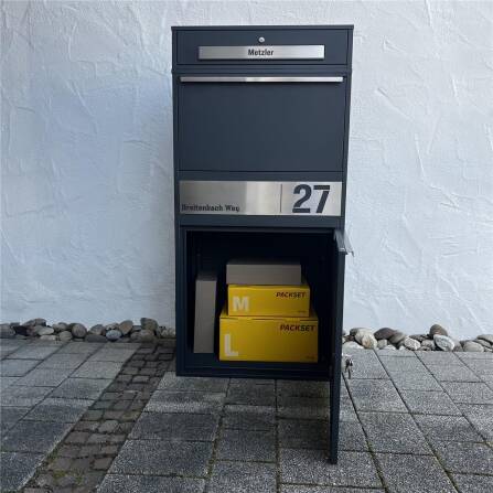 Metzler Boîte à colis XL avec compartiment pour lettres | Inoxydable | personnalisée avec gravure | RAL 7016 Anthracite | Bispo Max 2