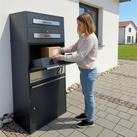 Metzler Paketbox XL mit 2 Briefkästen | Paketkasten rostfrei | personalisiert mit Gravur | RAL 7016 Anthrazit | Bispo Max 2