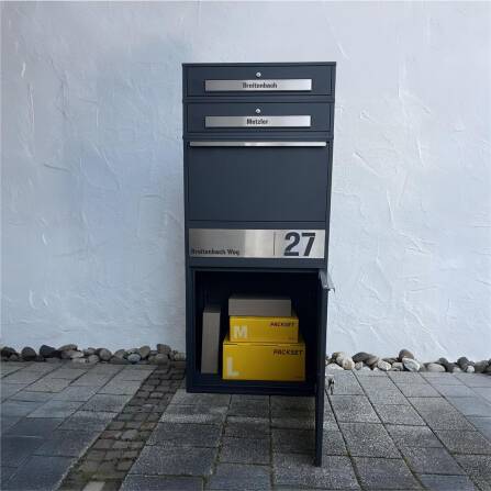 Metzler Paketbox XL mit 2 Briefkästen | Paketkasten rostfrei | personalisiert mit Gravur | RAL 7016 Anthrazit | Bispo Max 2