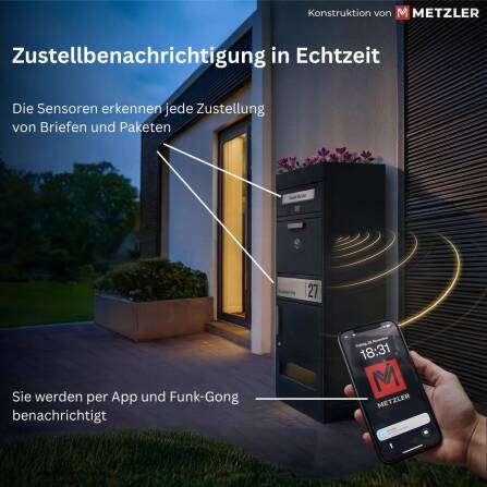 Metzler Zustellbenachrichtigung per App und Funk-Gong – passend zur Modellreihe Bispo mit zwei Brieffächern