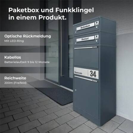 Metzler Funk-Paketbox mit Klingel & Briefkasten |  personalisiert mit Gravur | Edelstahl-Namensschilder | Anthrazitgrau | Bispo Funk