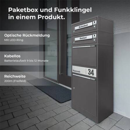 Metzler Funk-Paketbox mit Klingel & Briefkasten |  personalisiert mit Gravur | Edelstahl-Namensschilder | Eisenglimmer | Bispo Funk