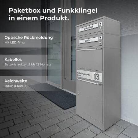 Metzler Boîte à colis averc sonnette sans fil & compartiments pour lettres | personnalisée avec gravure | Plaques de nom en acier inoxydable | Gris | Bispos sans fil