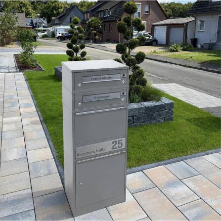 Metzler Boîte à colis averc sonnette sans fil & compartiments pour lettres | personnalisée avec gravure | Plaques de nom en acier inoxydable | Gris | Bispos sans fil