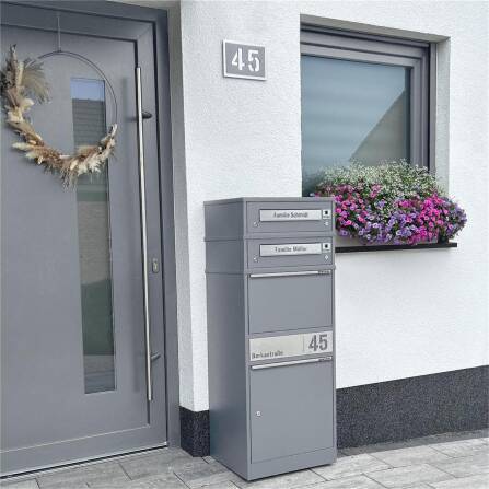 Metzler Boîte à colis averc sonnette sans fil & compartiments pour lettres | personnalisée avec gravure | Plaques de nom en acier inoxydable | Gris | Bispos sans fil