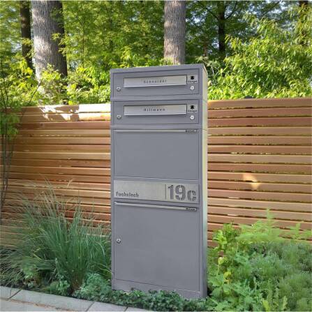 Metzler Boîte à colis averc sonnette sans fil & compartiments pour lettres | personnalisée avec gravure | Plaques de nom en acier inoxydable | Gris | Bispos sans fil