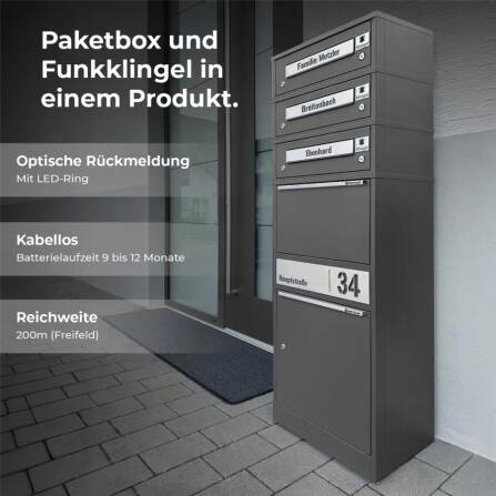 Metzler Funk-Paketbox mit Klingel & Briefkasten |  personalisiert mit Gravur | Edelstahl-Namensschilder | Eisenglimmer | Bispo Funk