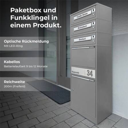 Metzler Funk-Paketbox mit Klingel & Briefkasten |  personalisiert mit Gravur | Edelstahl-Namensschilder | Grau | Bispo Funk
