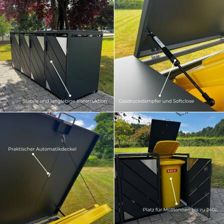 Metzler Caches-poubelles avec acentuation en acier inoxydable | 1x | 240 l  Anthracite avec  bandes de vue | inoxydable et massif | Poignée verrouillable