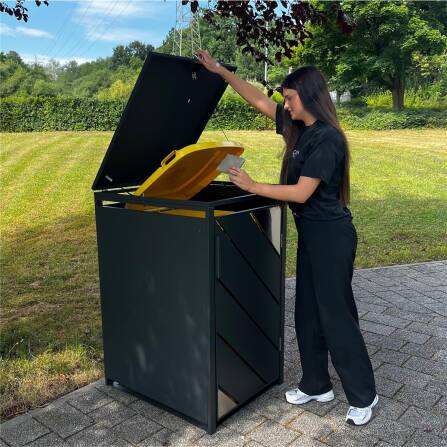 Metzler Caches-poubelles avec acentuation en acier inoxydable | 1x | 240 l  Anthracite avec  bandes de vue | inoxydable et massif | Poignée verrouillable