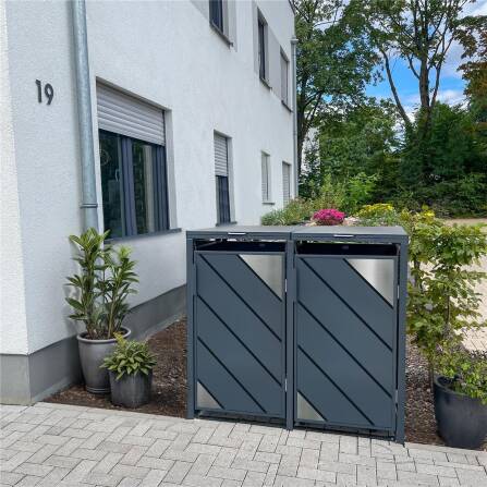 Metzler Mülltonnenbox mit Edelstahl Akzenten | 2er | 240l | Anthrazit | mit Sichtstreifen | rostfrei & massiv