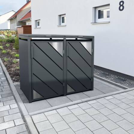 Metzler Mülltonnenbox mit Edelstahl Akzenten | 2er | 240l | Anthrazit | mit Sichtstreifen | rostfrei & massiv