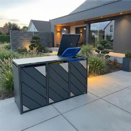 Metzler Mülltonnenbox mit Edelstahl Akzenten | 3er | 240l | Anthrazit | mit Sichtstreifen | rostfrei & massiv