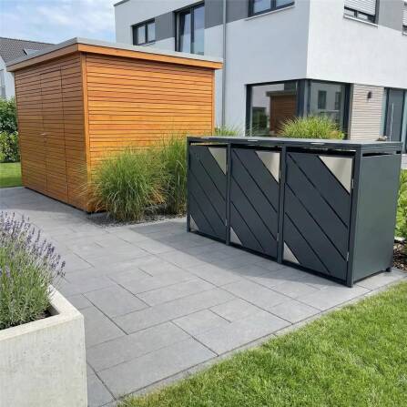 Metzler Mülltonnenbox mit Edelstahl Akzenten | 3er | 240l | Anthrazit | mit Sichtstreifen | rostfrei & massiv