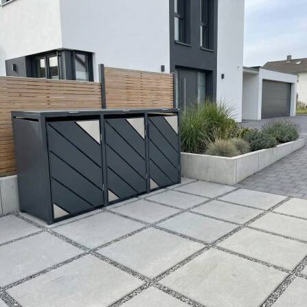 Metzler Mülltonnenbox mit Edelstahl Akzenten | 3er | 240l | Anthrazit | mit Sichtstreifen | rostfrei & massiv