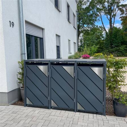 Metzler Mülltonnenbox mit Edelstahl Akzenten | 3er | 240l | Anthrazit | mit Sichtstreifen | rostfrei & massiv